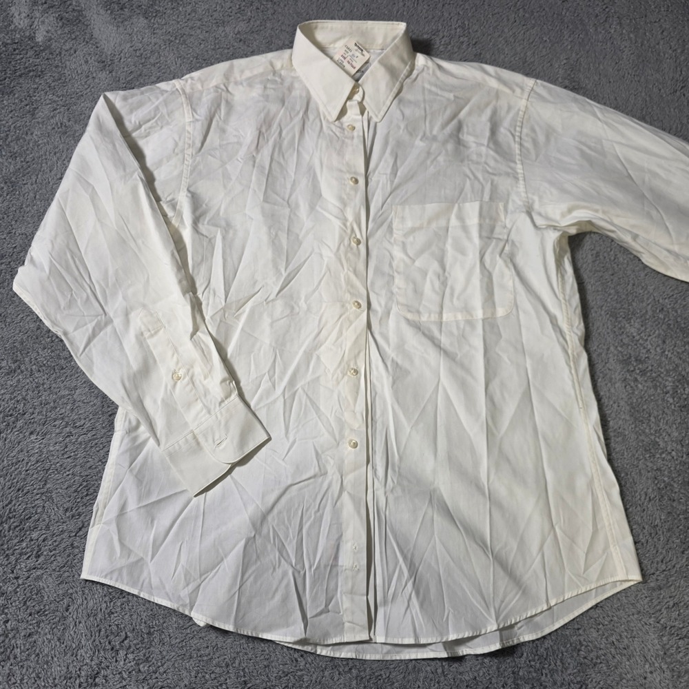 Andrew Fezza Mens Medium Button Down Shirt Cream Cotton Long Sleeve Pocket